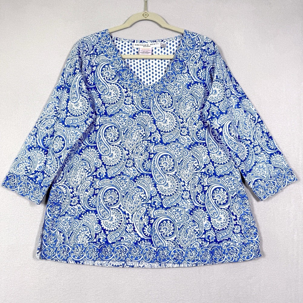 Gretchen Scott Top Womens Large Blue Paisley Tunic Resortwear Coastal V Neck - Picture 1 of 14